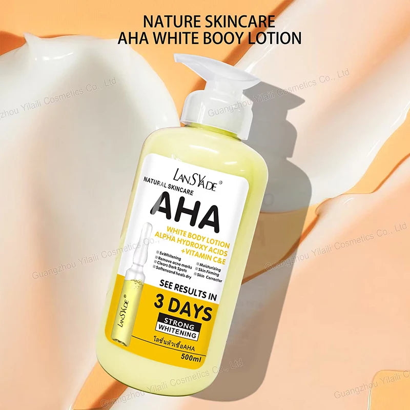 Creme Corporal Clareador 500ml com AHA (Ácidos Hidroxiácidos), Vitaminas C e E, Loção Corporal Hidratante e Clareadora para Remover Marcas de Acne e Cuidar da Pele
