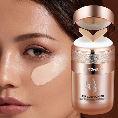 Base BB Cream Air Cushion Hidratante Corretor Branqueador Controlo de Oleosidade À Prova de Água com Esponja em Forma de Borboleta para Pó Maquilhagem Cosmética