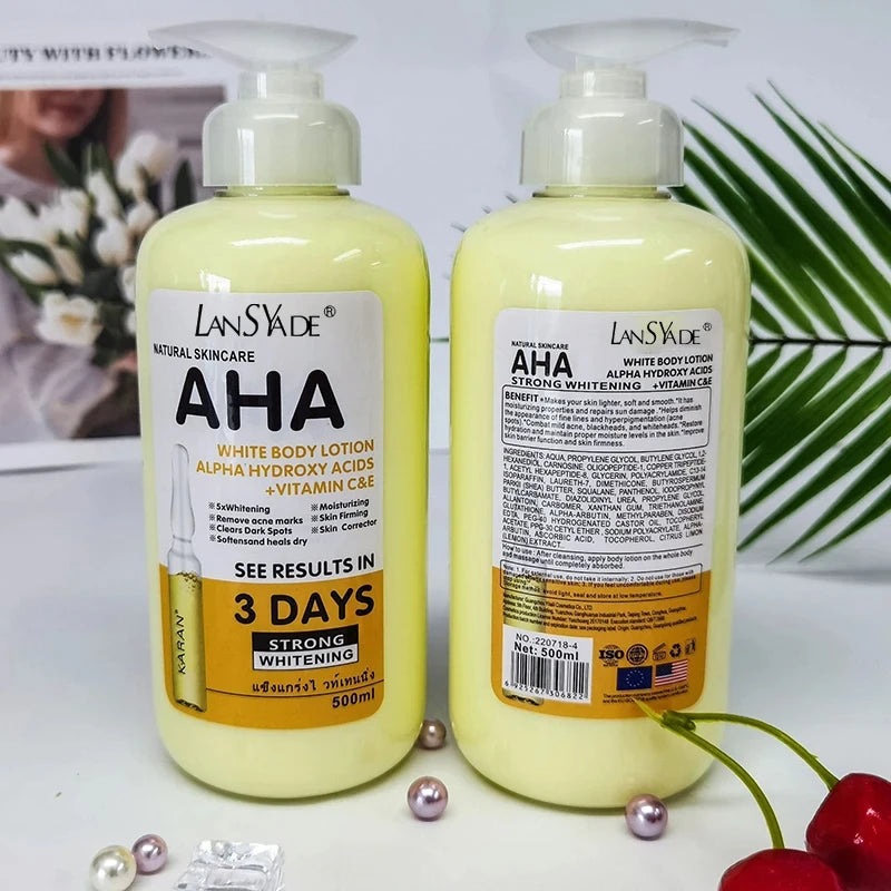 Creme Corporal Clareador 500ml com AHA (Ácidos Hidroxiácidos), Vitaminas C e E, Loção Corporal Hidratante e Clareadora para Remover Marcas de Acne e Cuidar da Pele