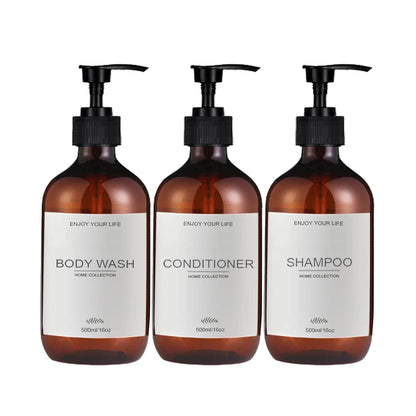 Conjunto de 3 Frascos Dispensadores de Shampoo e Condicionador de 500ml com Bomba Dosadora para Sabonete Líquido, Shampoo e Condicionador.