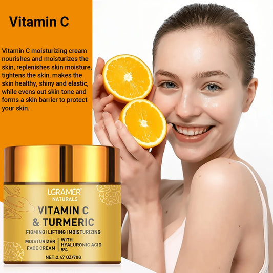 Creme facial de curcuma e vitamina C com retinol, hidratante, refirmante, ácido hialurónico, branqueador, reparador, suavizante e para o cuidado da pele.