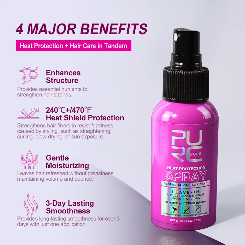 PURC Spray Protetor de Calor Óleo de Coco Controle de Frizz e Brilho para Todos os Tipos de Cabelo Proteção Térmica até 470°F Cuidados com os Cabelos ✨🎀🥥