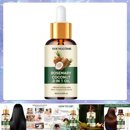 Óleo de alecrim, óleo essencial de coco para o cabelo: melhora a queda de cabelo, nutre e fortalece as raízes. Tratamento para o couro cabeludo e cuidados capilares.