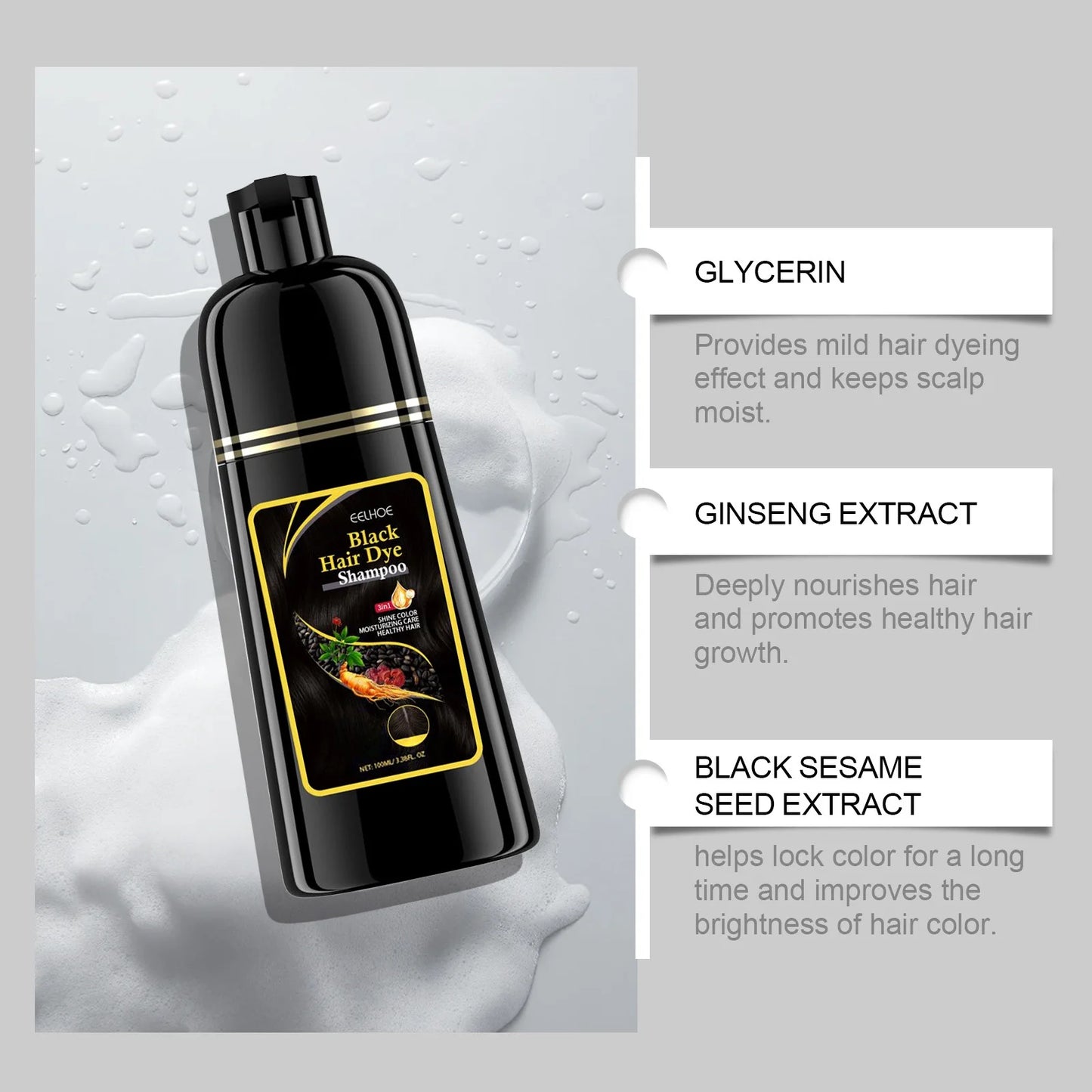 Shampoo de coloração instantânea 3 em 1, cor de cabelo cinza a preto, cor preta natural para homens e mulheres, tintura de cabelo profundamente nutritiva ✨