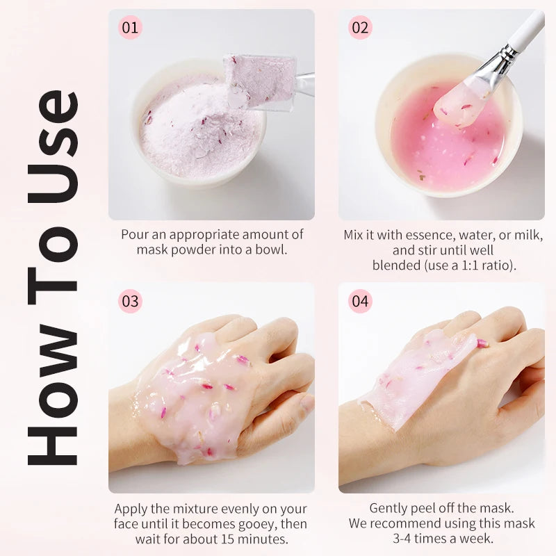 Rosa/ácido hialurônico/geléia de colágeno máscara facial em pó-hidratante, melhorando e hidratando cuidados com a pele facial-gel natural peel off