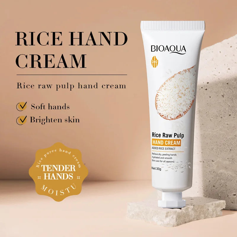 Creme para as mãos BIOAQUA com arroz branco: clareador, hidratante, nutritivo e antienvelhecimento. Produtos para o cuidado da pele das mãos ✨