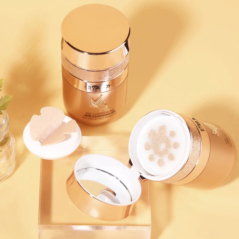 Base BB Cream Air Cushion Hidratante Corretor Branqueador Controlo de Oleosidade À Prova de Água com Esponja em Forma de Borboleta para Pó Maquilhagem Cosmética