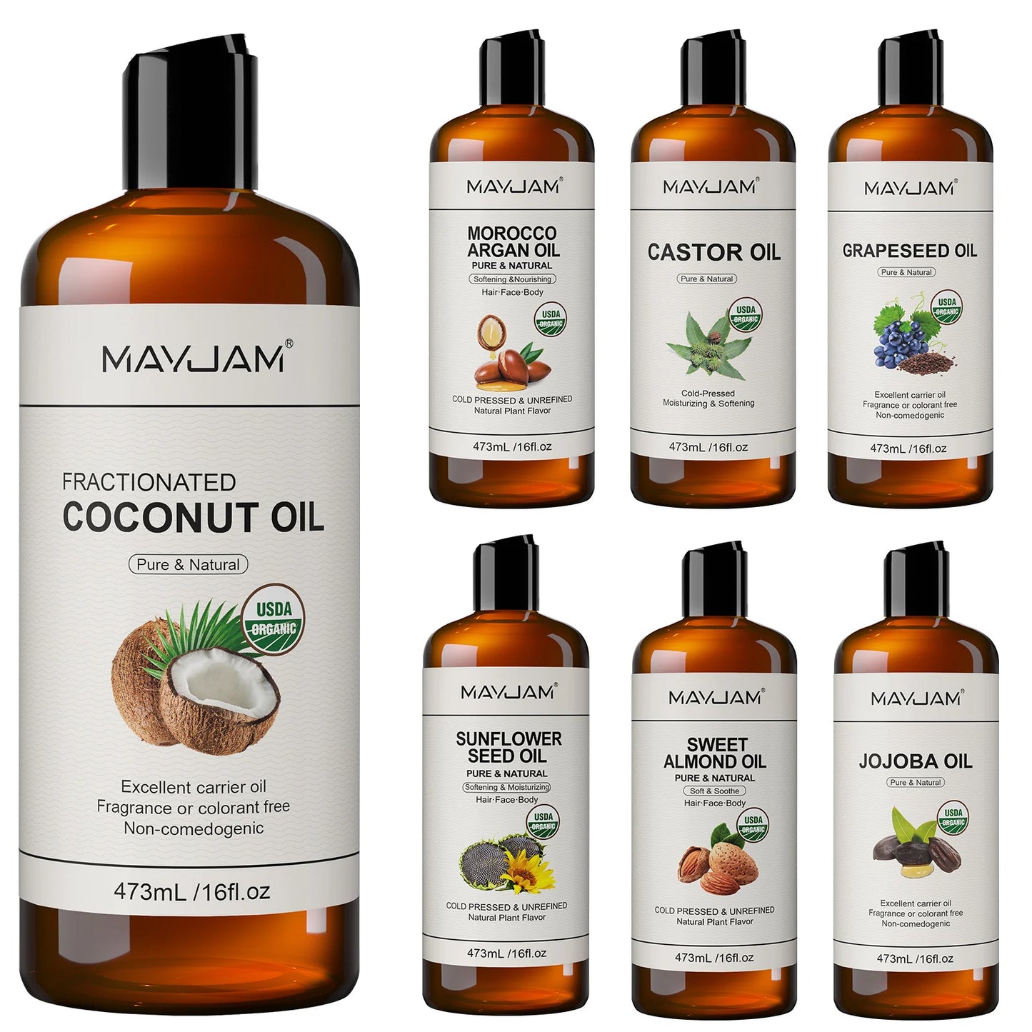 Óleo de coco orgânico USDA para pele, cabelo facial, amêndoa doce prensada a frio, argan marroquino, óleo de semente de girassol para massagem, hidratação