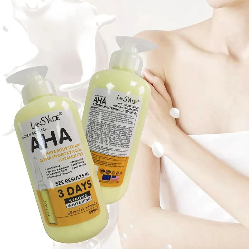 Creme Corporal Clareador 500ml com AHA (Ácidos Hidroxiácidos), Vitaminas C e E, Loção Corporal Hidratante e Clareadora para Remover Marcas de Acne e Cuidar da Pele
