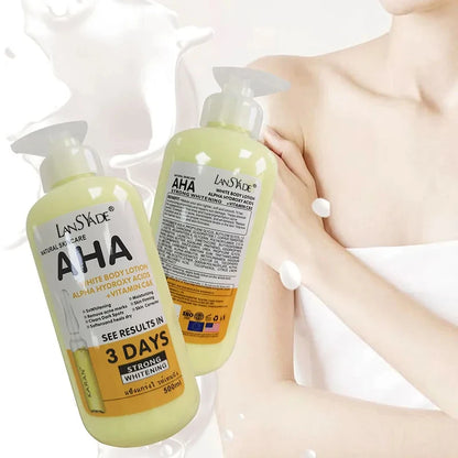 Creme Corporal Clareador 500ml com AHA (Ácidos Hidroxiácidos), Vitaminas C e E, Loção Corporal Hidratante e Clareadora para Remover Marcas de Acne e Cuidar da Pele