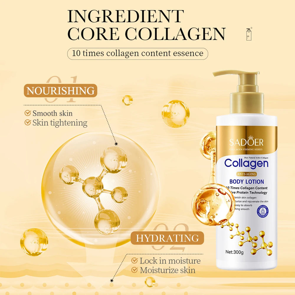 Loção Corporal de Colágeno para Firmeza e Hidratação - Hidratante Intenso Pele Antienvelhecimento para Pele Seca e Flacidez, Nutrição 300g/pc✨🌟