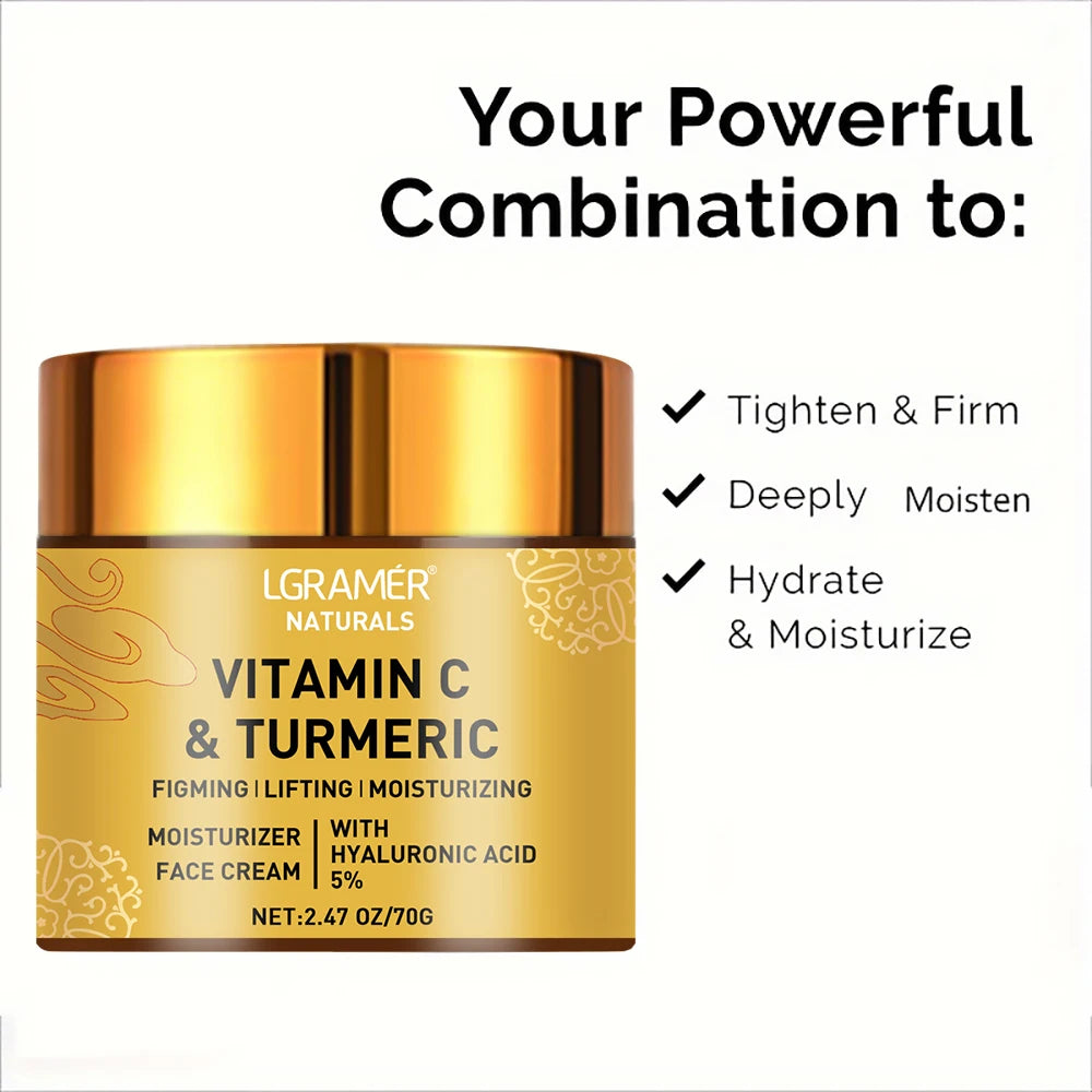 Creme facial de curcuma e vitamina C com retinol, hidratante, refirmante, ácido hialurónico, branqueador, reparador, suavizante e para o cuidado da pele.