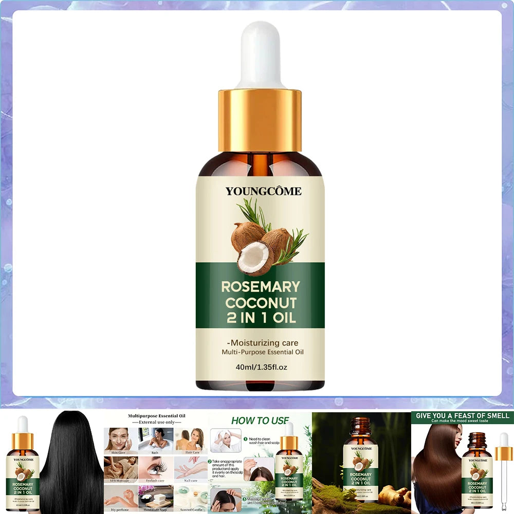Óleo de alecrim, óleo essencial de coco para o cabelo: melhora a queda de cabelo, nutre e fortalece as raízes. Tratamento para o couro cabeludo e cuidados capilares.