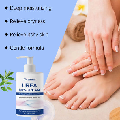 Creme hidratante para os pés com 60% de ureia. Alivia o ressecamento e rachaduras nos calcanhares, repara, suaviza, remove calosidades e pele morta. Cuidados com a pele das mãos e pés.