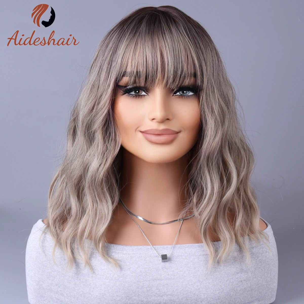 Peruca sintética 2023 novo estilo de celebridade da internet com franja gradualmente perucas cinza claro europeu e americano m💇‍♀️✨