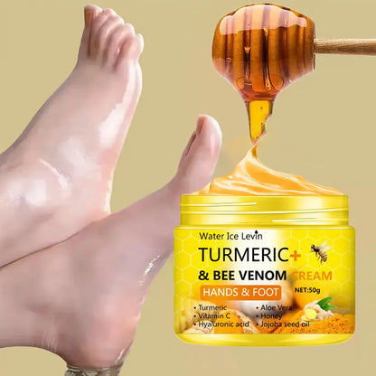 Creme para pés rachados com cúrcuma e veneno de abelha, 50g. Repara pele ressecada e morta nos pés e mãos.